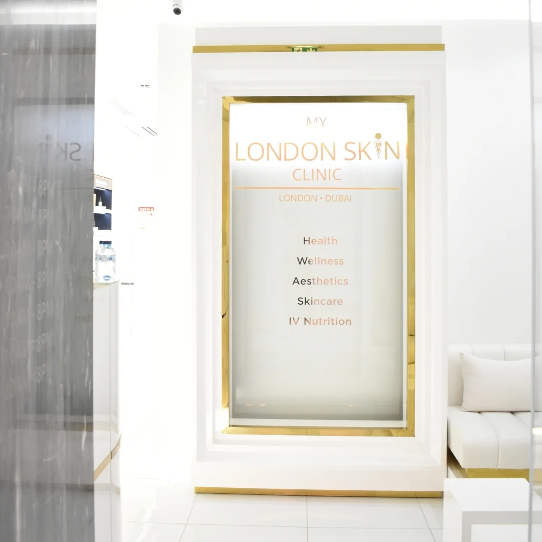 Gold-framed My London Skin Clinic signage inside the parent clinic